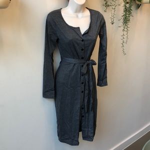 Gray Cotton Button-Up Dress with Tie Belt